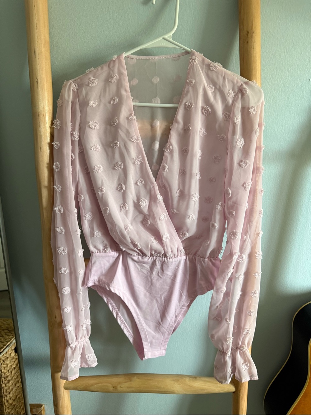 SHEIN Light Pink Textured Dot Sheer Wrap Bodysuit